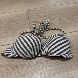 Topshop Blue and White Striped Textured Bikini Top